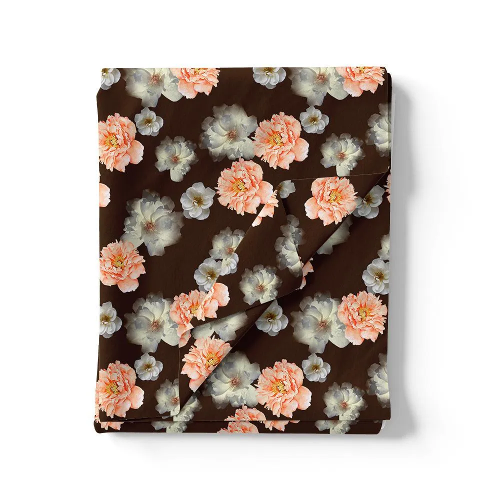 Blooming Orange Roses With Grey Digital Printed Fabric - Silk Crepe