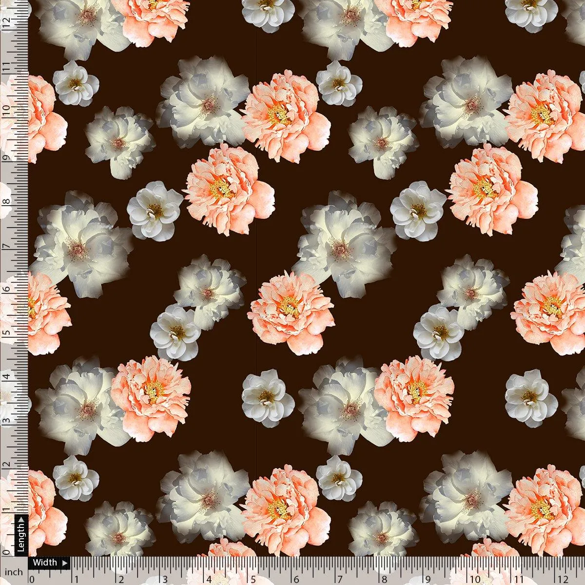 Blooming Orange Roses With Grey Digital Printed Fabric - Silk Crepe