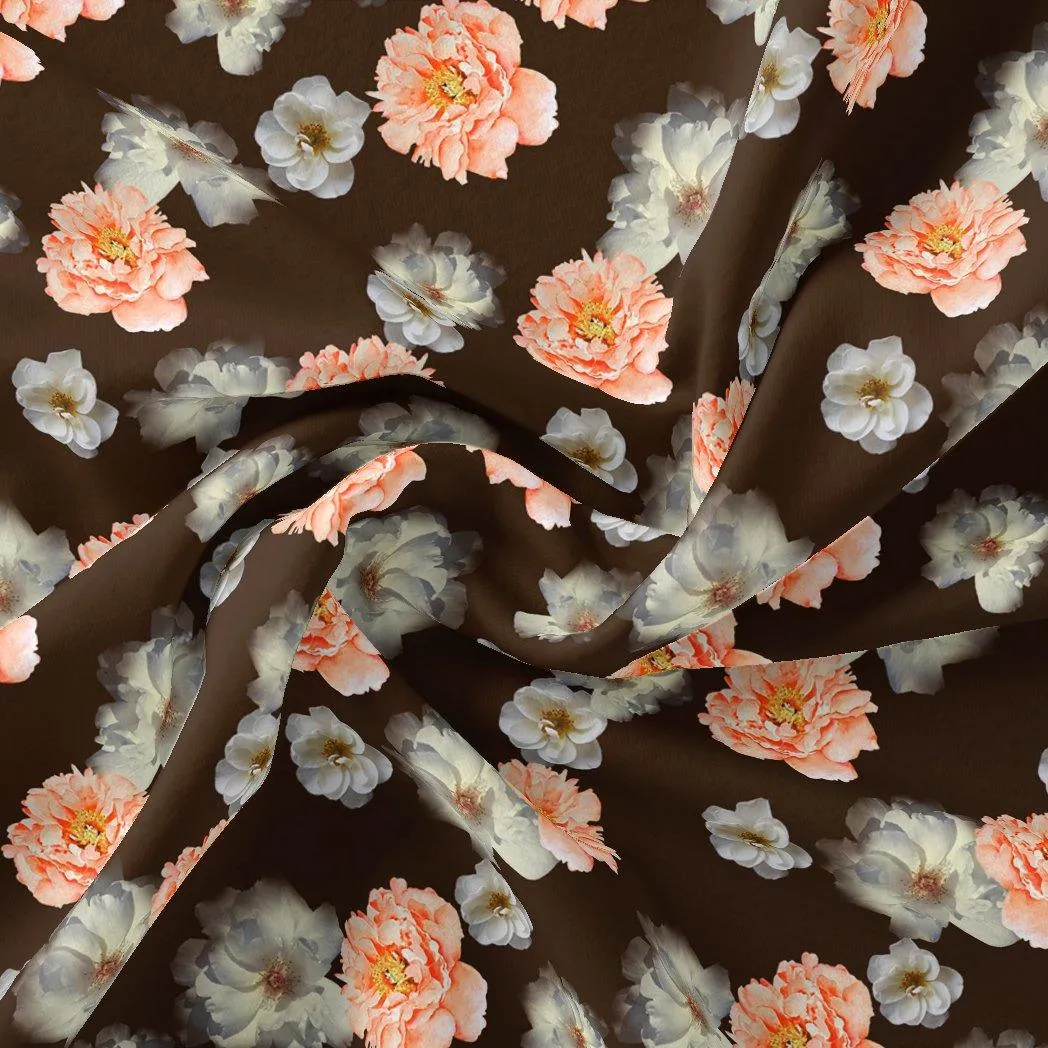 Blooming Orange Roses With Grey Digital Printed Fabric - Silk Crepe