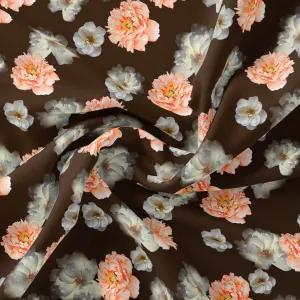 Blooming Orange Roses With Grey Digital Printed Fabric - Silk Crepe