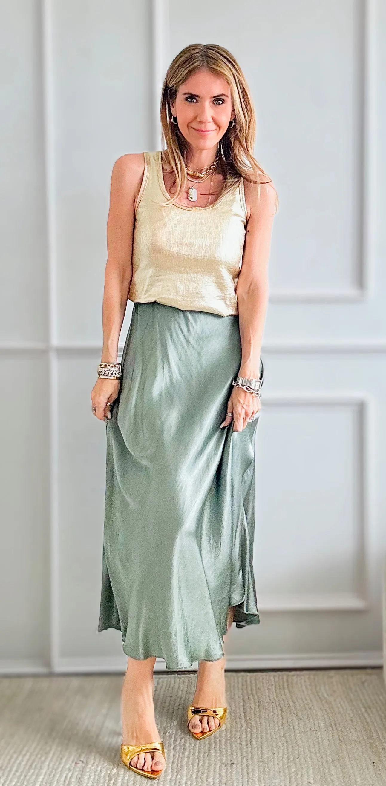 Brooklyn Italian Satin Midi Skirt - Sage
