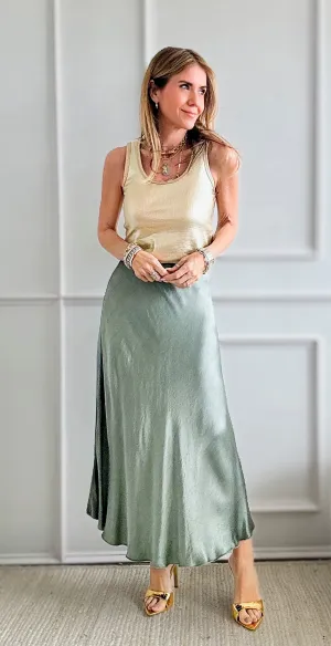Brooklyn Italian Satin Midi Skirt - Sage