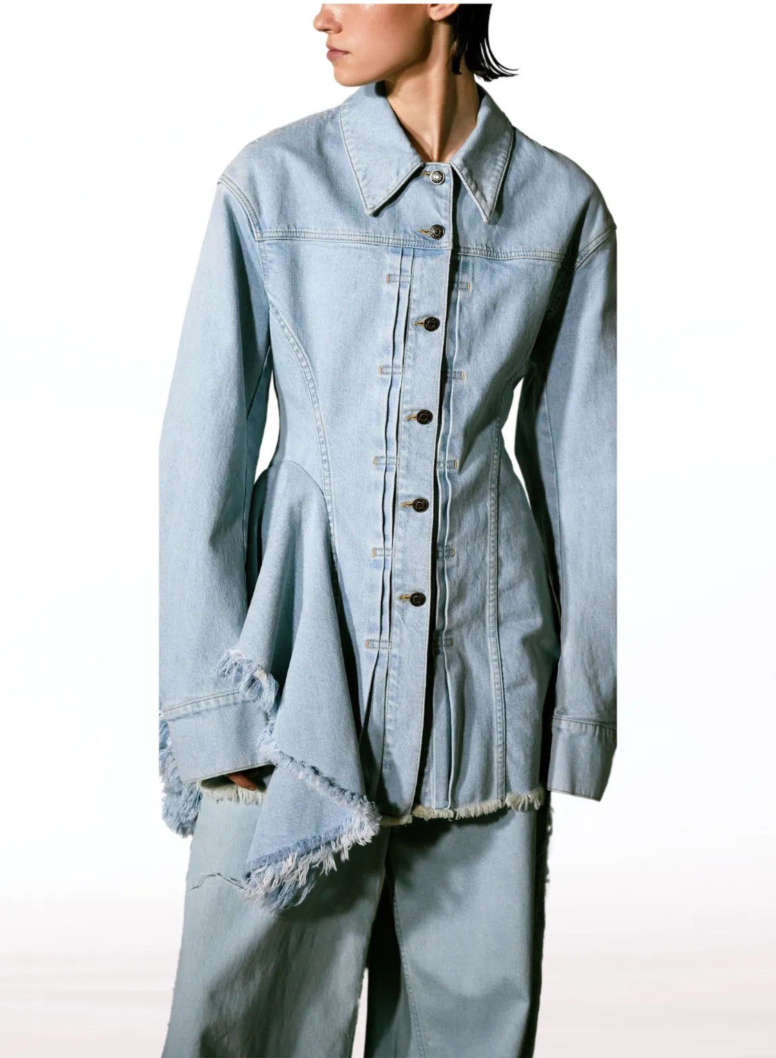 FITTED DENIM JACKET WITH ASYMMETRICAL FLOUNCE