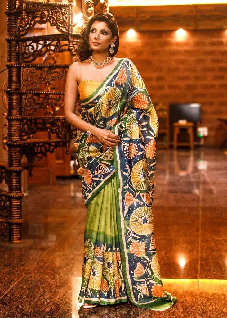 GREEN PURE BISHNUPURI SAREE WITH EXCLUSIVE HAND BATIK WORK