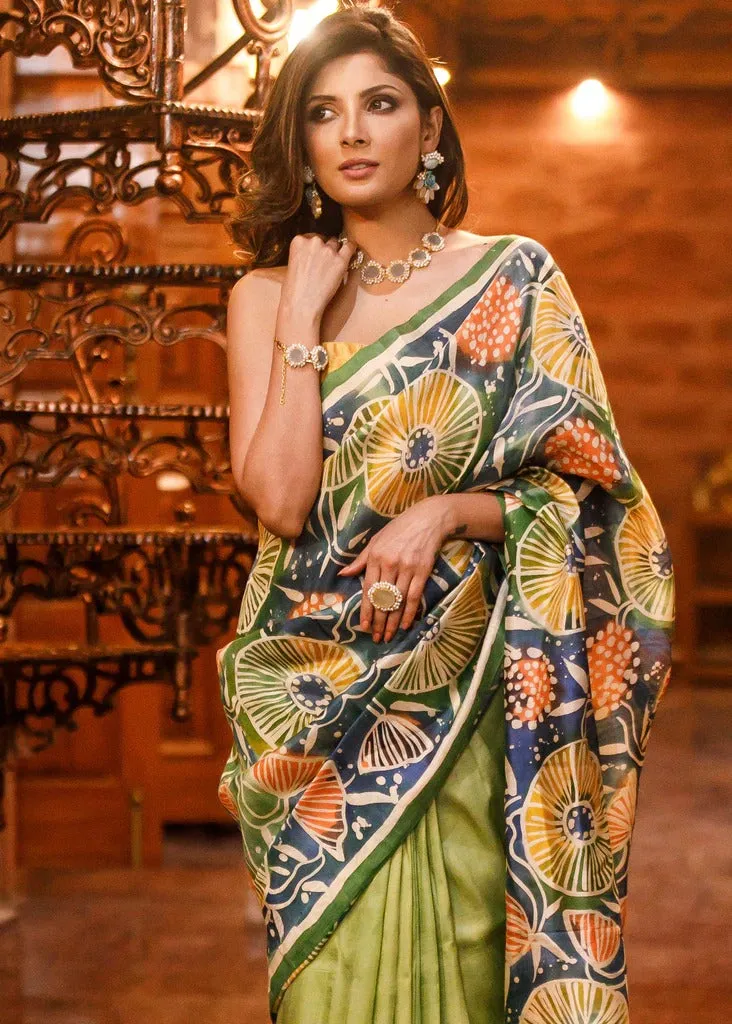 GREEN PURE BISHNUPURI SAREE WITH EXCLUSIVE HAND BATIK WORK