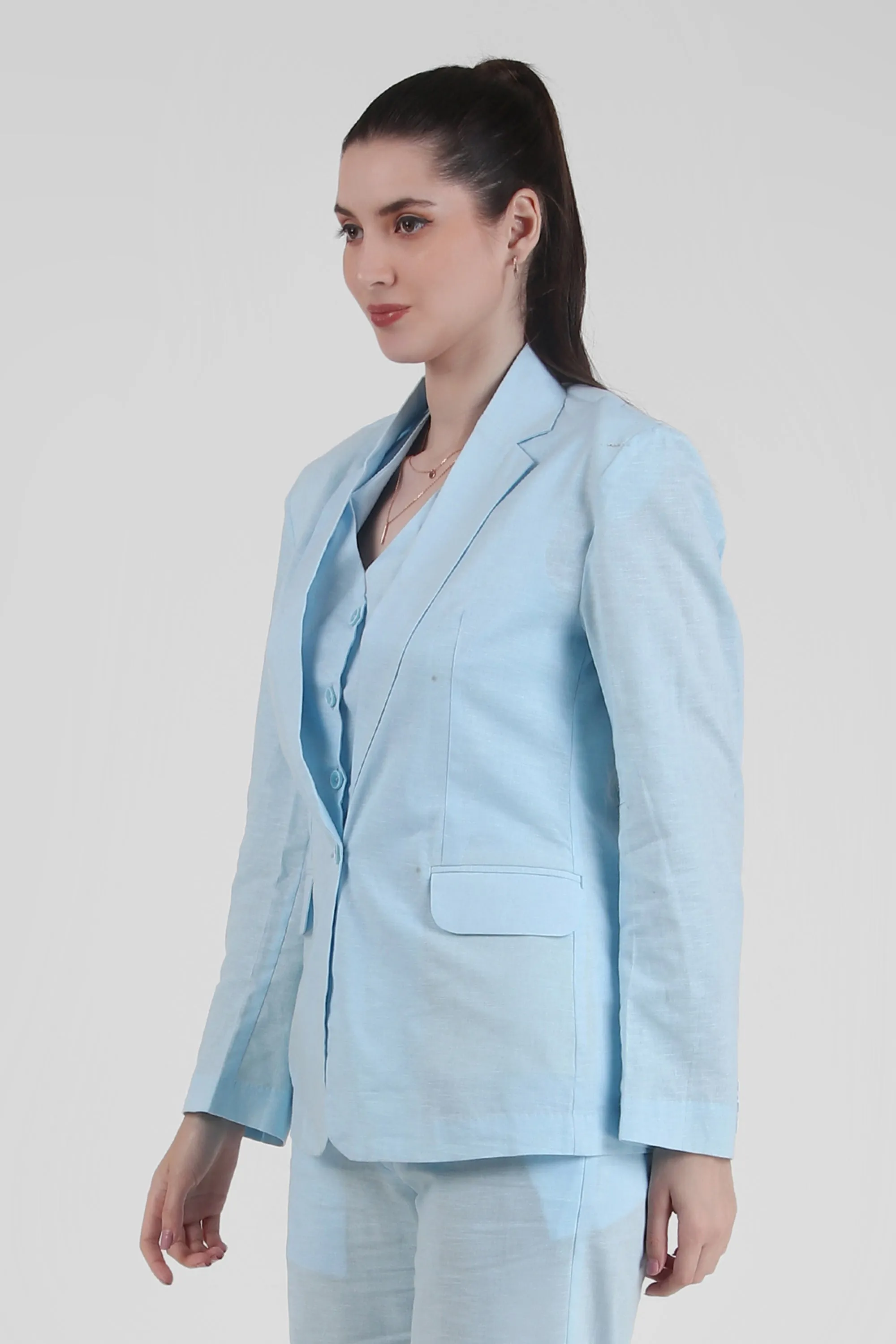 Linen Blend, Breathable Single Breasted Blazer, Sky Blue