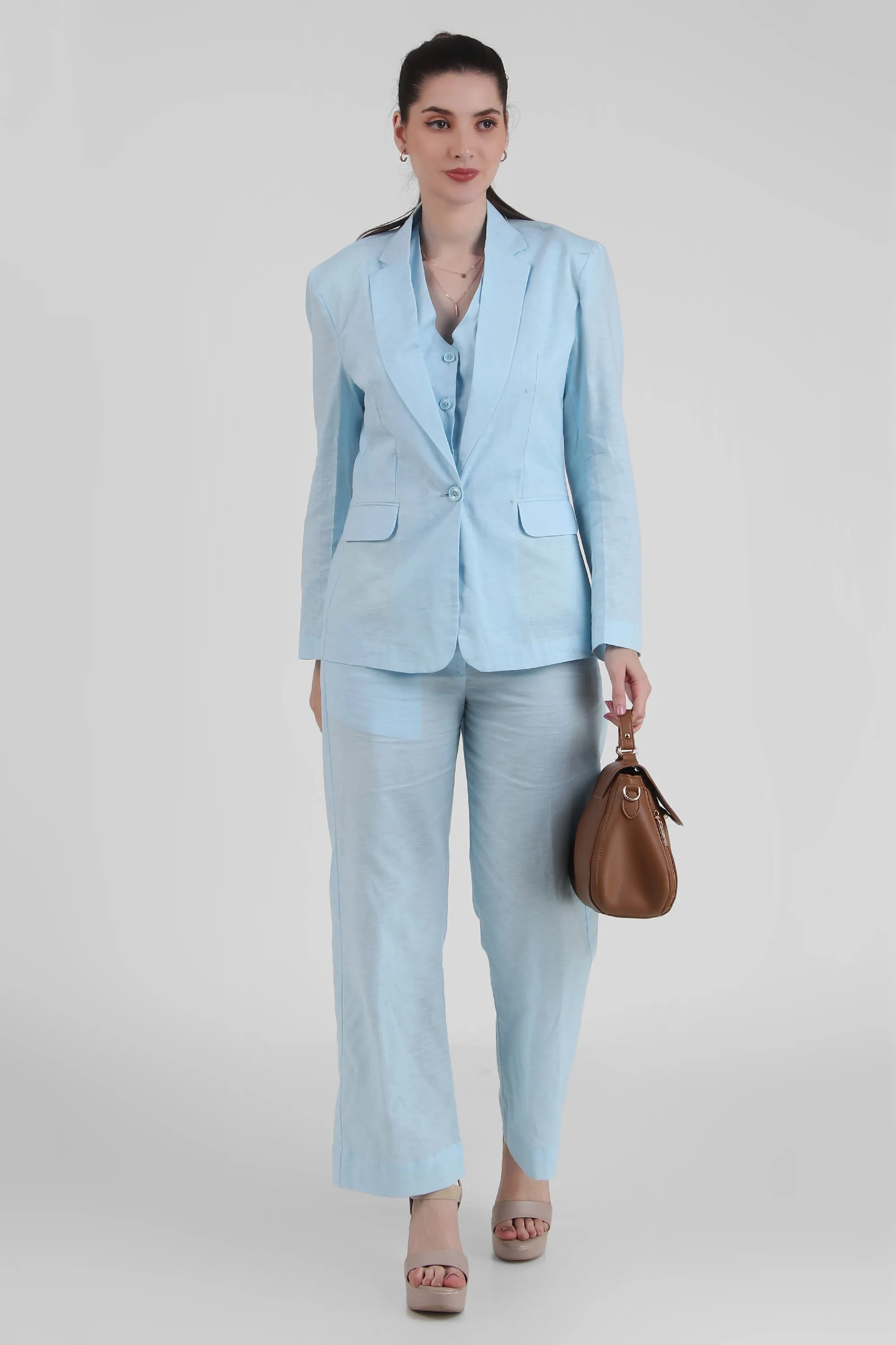 Linen Blend, Breathable Single Breasted Blazer, Sky Blue