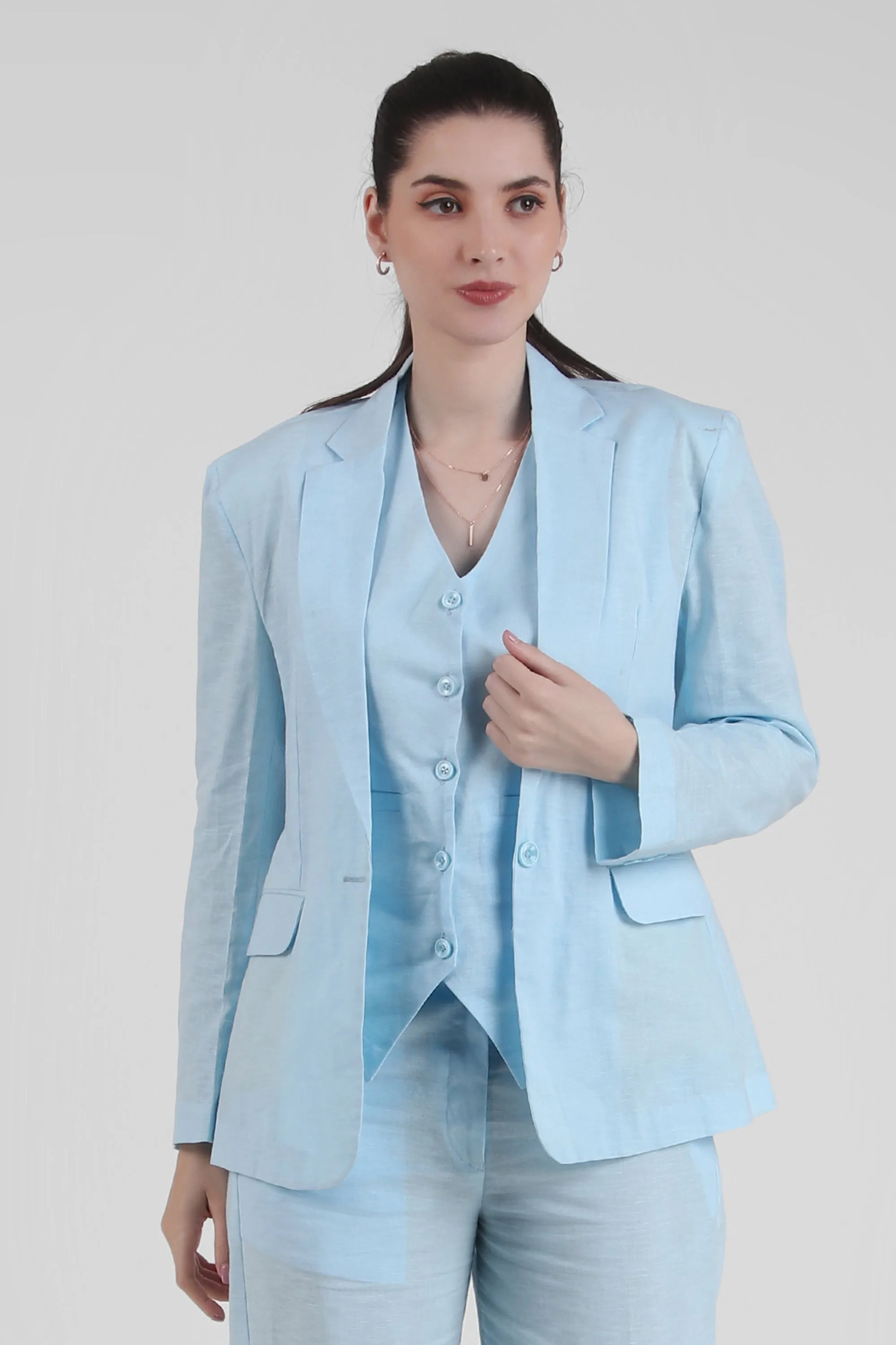 Linen Blend, Breathable Single Breasted Blazer, Sky Blue