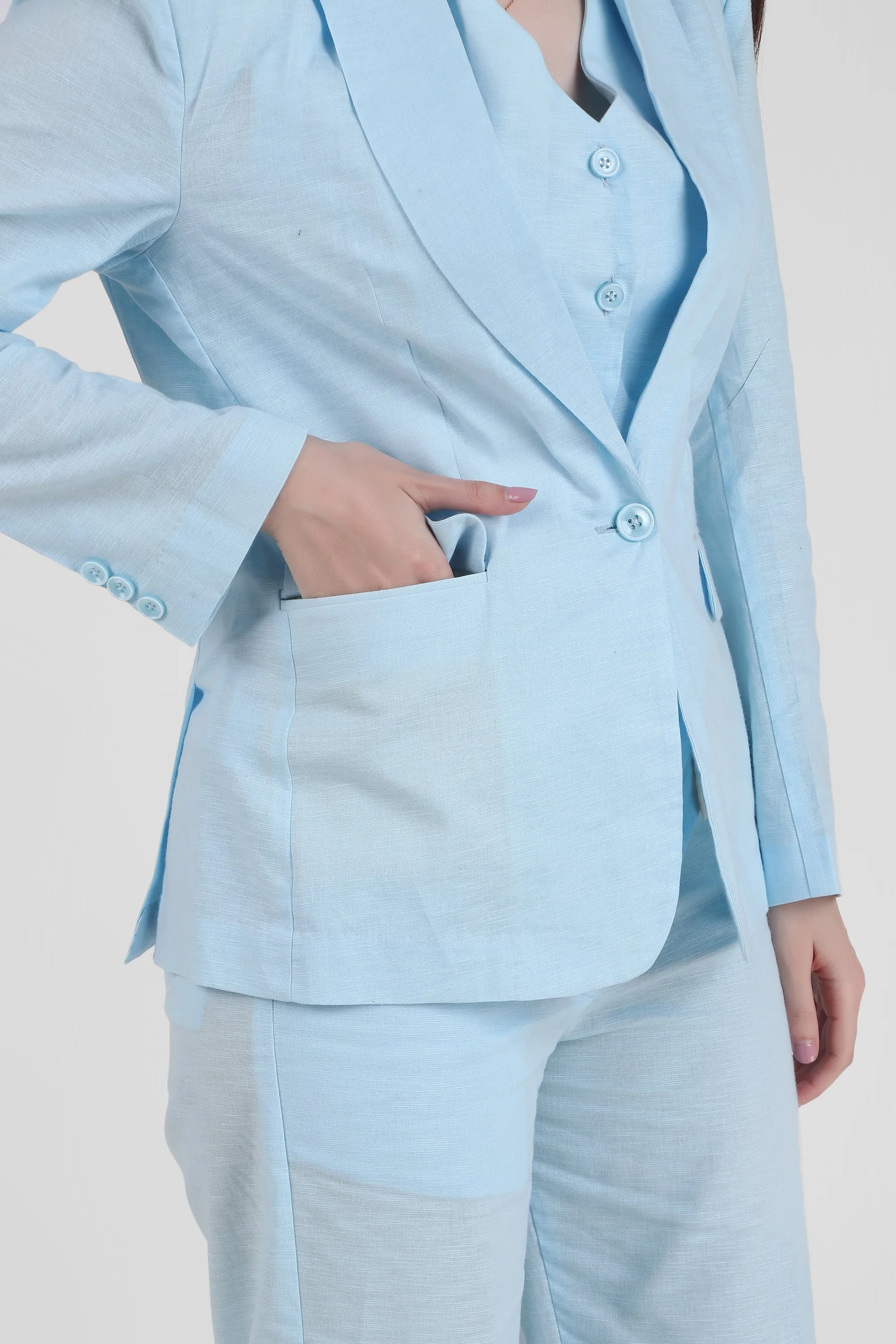 Linen Blend, Breathable Single Breasted Blazer, Sky Blue