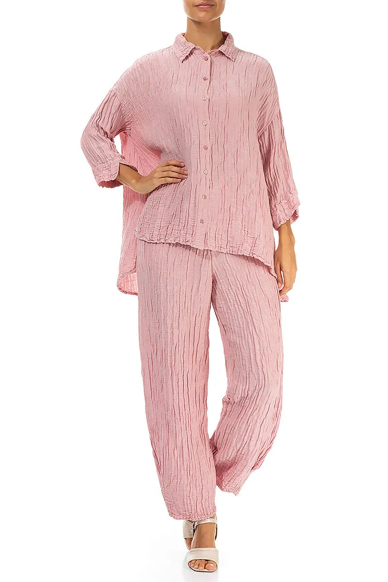 Loose Crinkled Powder Pink Silk Linen Shirt