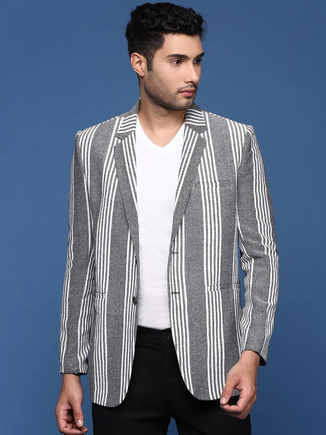 Men Grey Slim Fit Single Breasted Cotton Casual Blazer