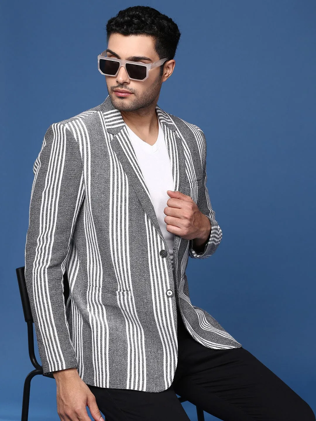 Men Grey Slim Fit Single Breasted Cotton Casual Blazer