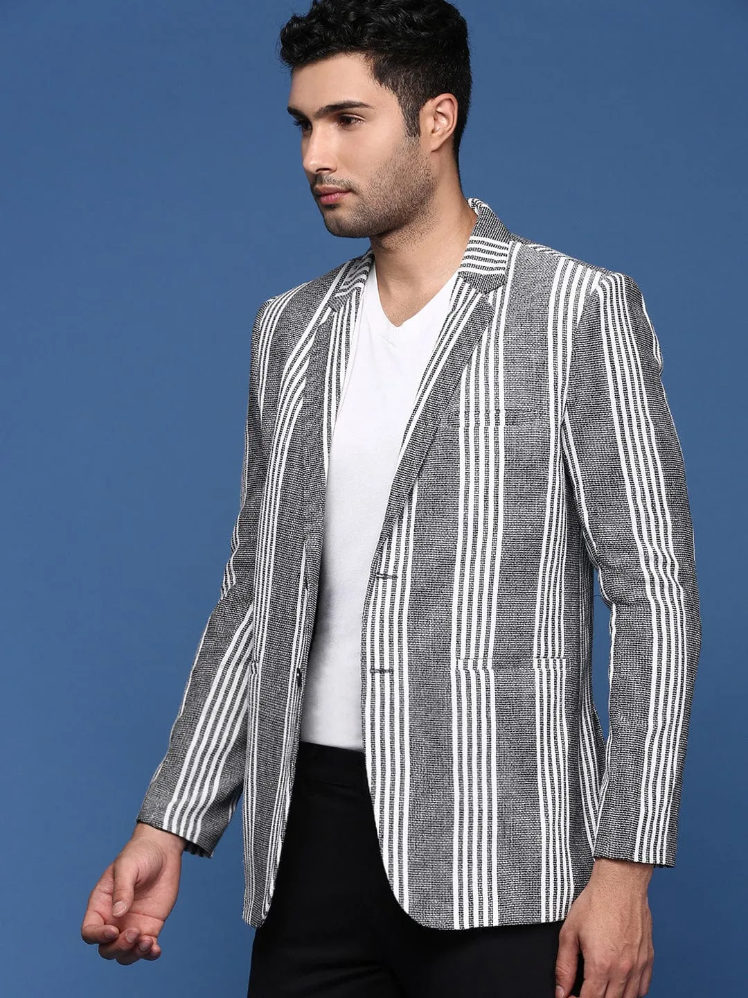 Men Grey Slim Fit Single Breasted Cotton Casual Blazer