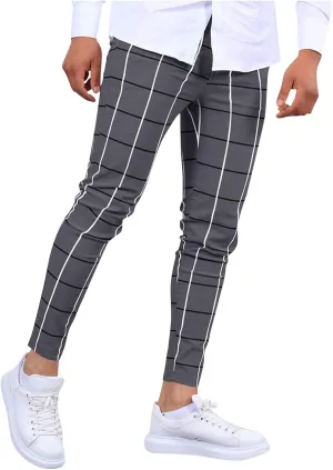 Men's Fashion Stretch Dress Pants Slim Fit Lightweight Plaid Skinny Long Pants Casual Business Work Golf Trousers