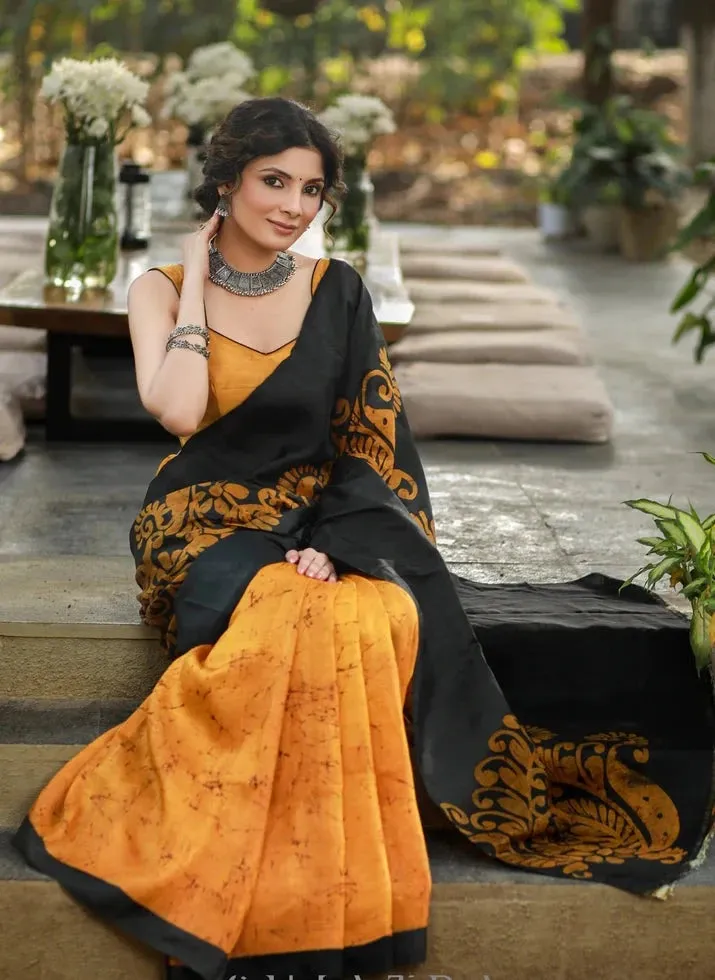 MUSTARD & BLACK COMBINATION PURE HANDPAINTED BATIK SAREE