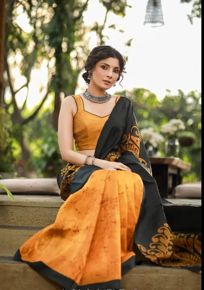 MUSTARD & BLACK COMBINATION PURE HANDPAINTED BATIK SAREE