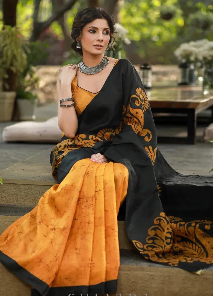 MUSTARD & BLACK COMBINATION PURE HANDPAINTED BATIK SAREE
