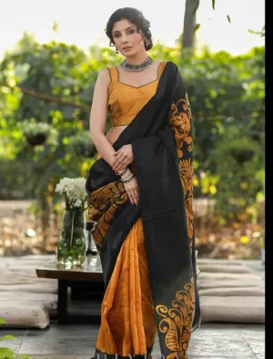MUSTARD & BLACK COMBINATION PURE HANDPAINTED BATIK SAREE