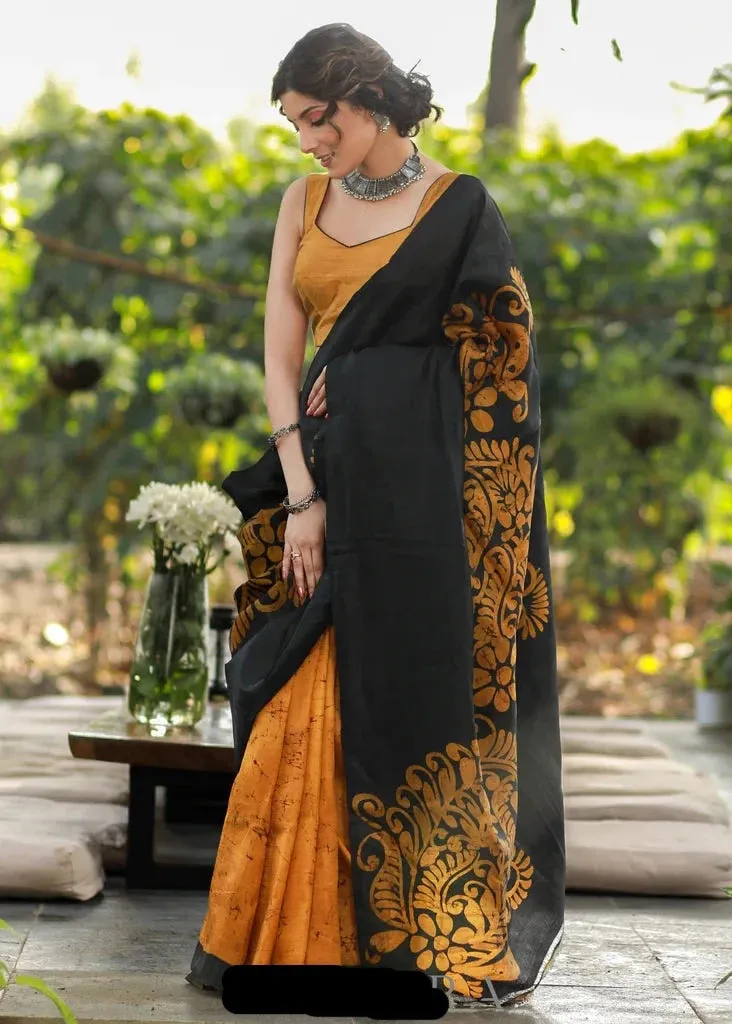 MUSTARD & BLACK COMBINATION PURE HANDPAINTED BATIK SAREE