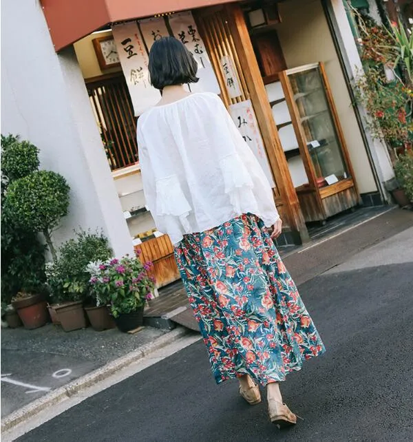 Print Flower Elastic Waist Women Skirts Summer Linen Skirts H91413
