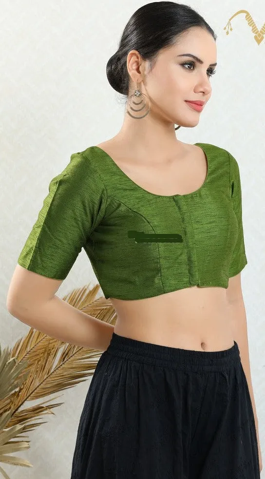 Readymade Mulbury Silk Padded Front Open Elbow Sleeves Mehendi-Green Saree Blouse
