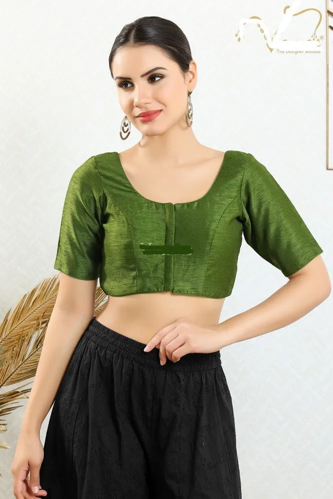 Readymade Mulbury Silk Padded Front Open Elbow Sleeves Mehendi-Green Saree Blouse