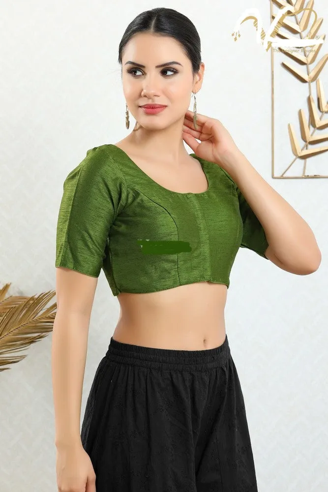 Readymade Mulbury Silk Padded Front Open Elbow Sleeves Mehendi-Green Saree Blouse
