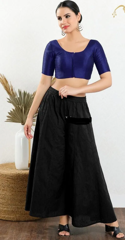 Readymade Mulbury Silk Padded Front Open Elbow Sleeves Navy Blue Saree Blouse