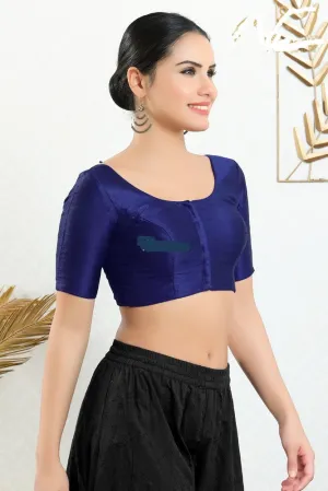 Readymade Mulbury Silk Padded Front Open Elbow Sleeves Navy Blue Saree Blouse