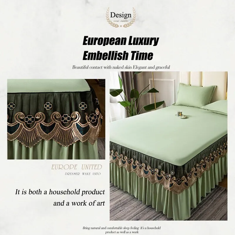 Solid Color Lace Bed Skirt Three Piece Set with Princess Style for Smooth Bed Spread and Mattress Protection