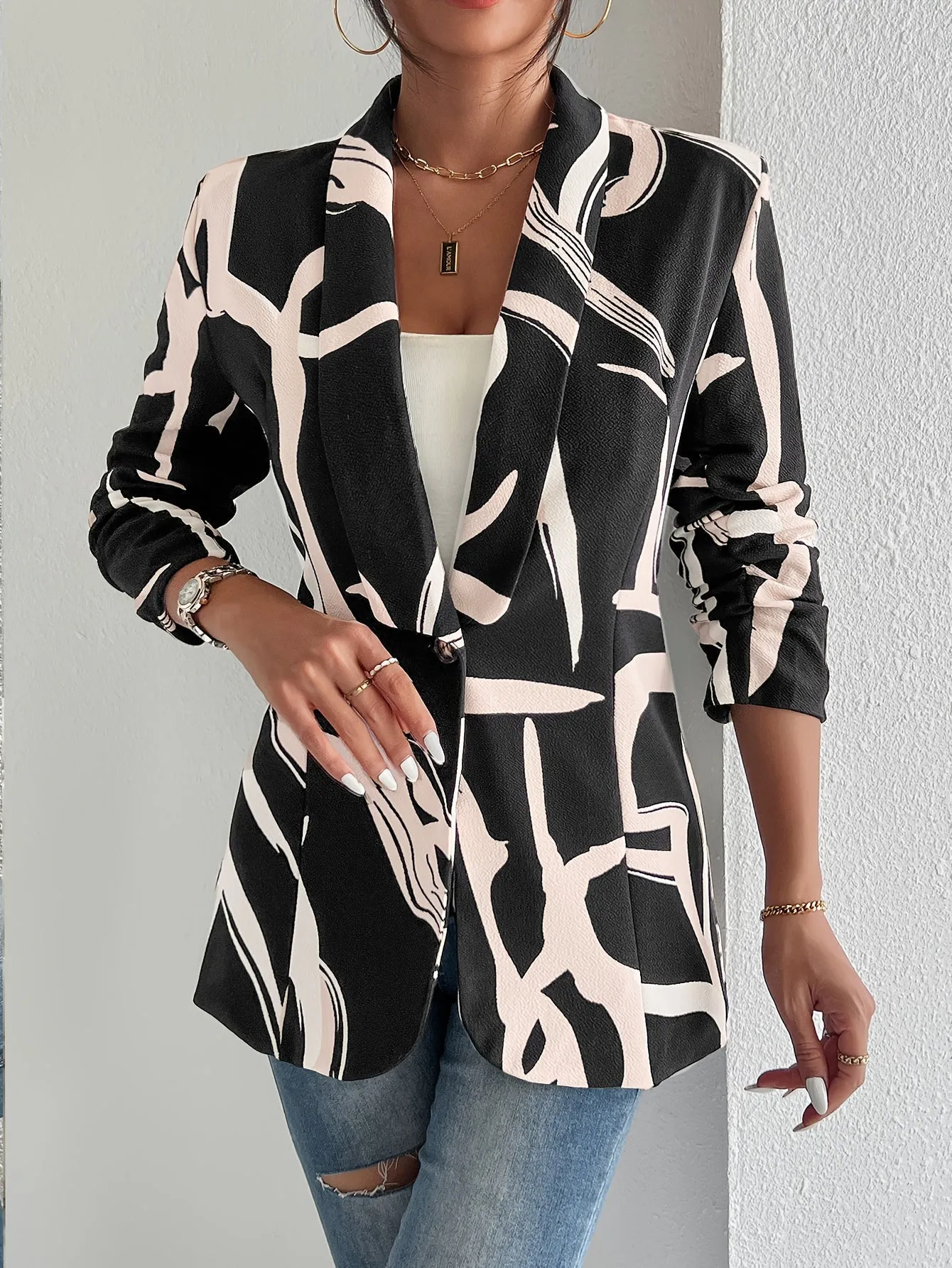 SOPHILIA | Blazer with Abstract Print and Lapel Collar