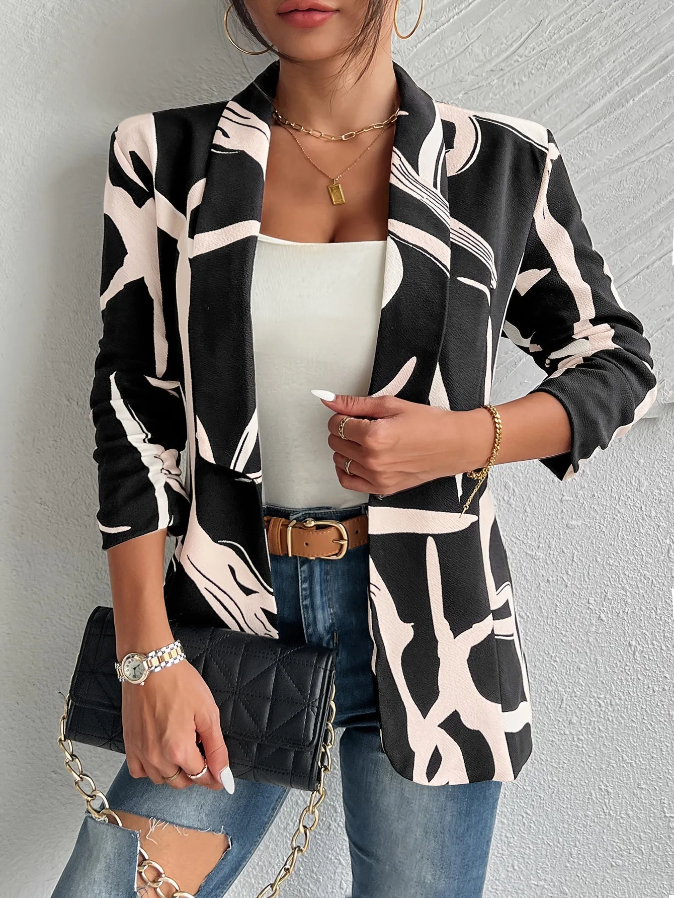 SOPHILIA | Blazer with Abstract Print and Lapel Collar
