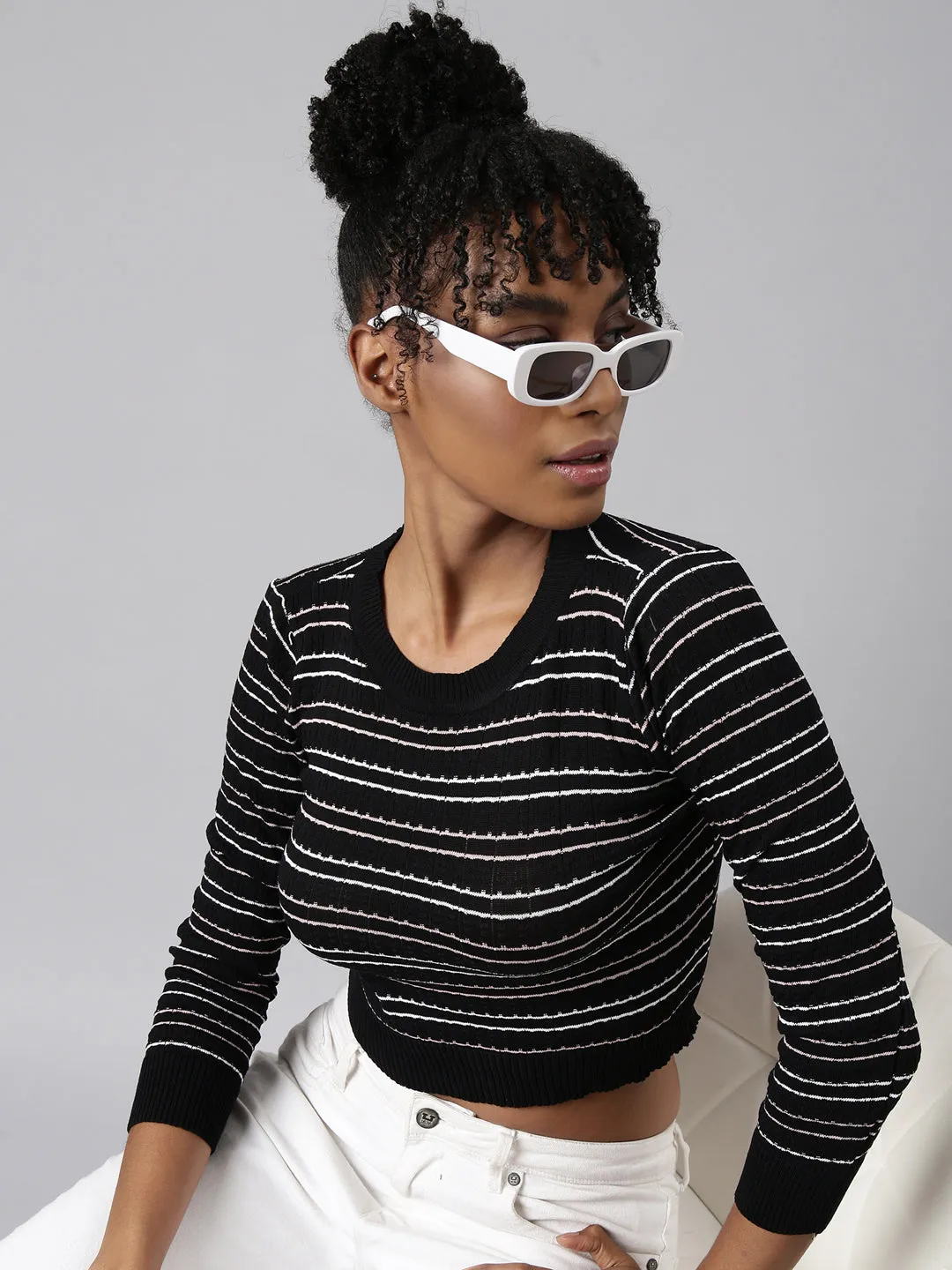 Women Black Horizontal Stripes Top