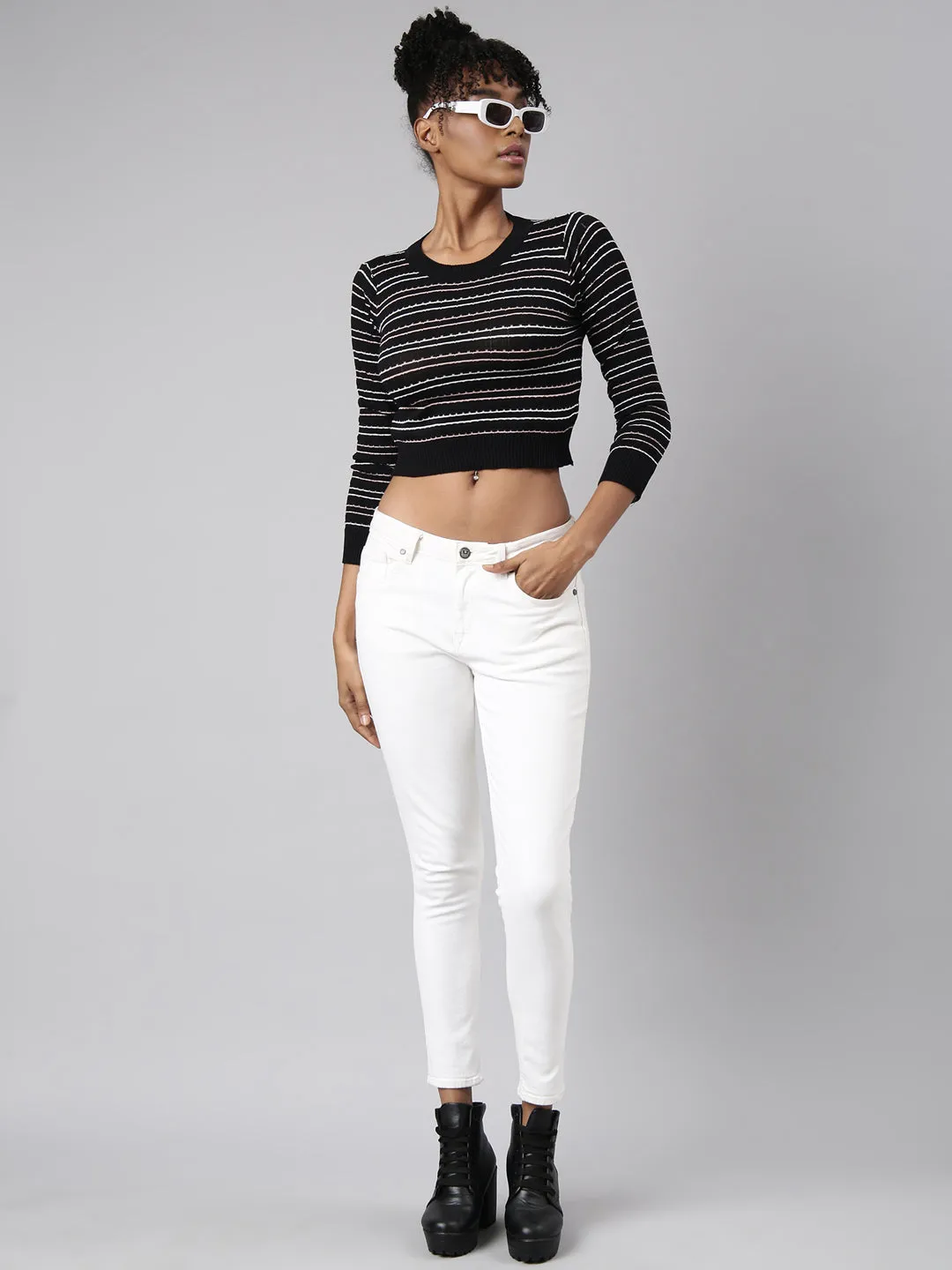Women Black Horizontal Stripes Top