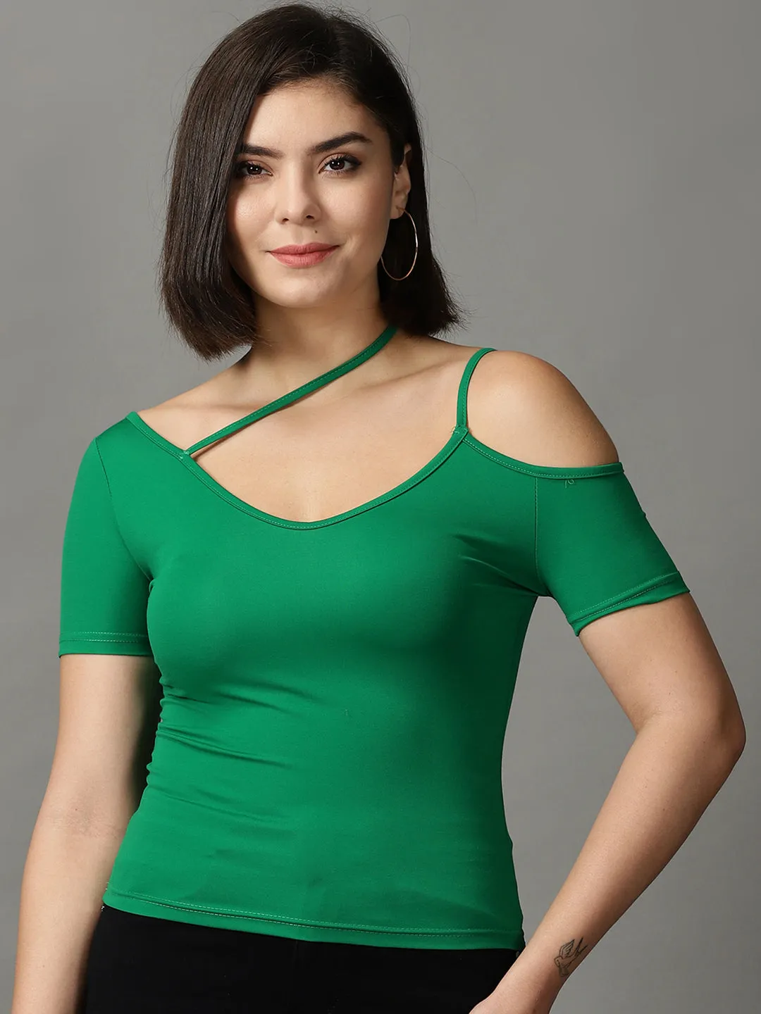 Women Green Shoulder Straps Fitted Top