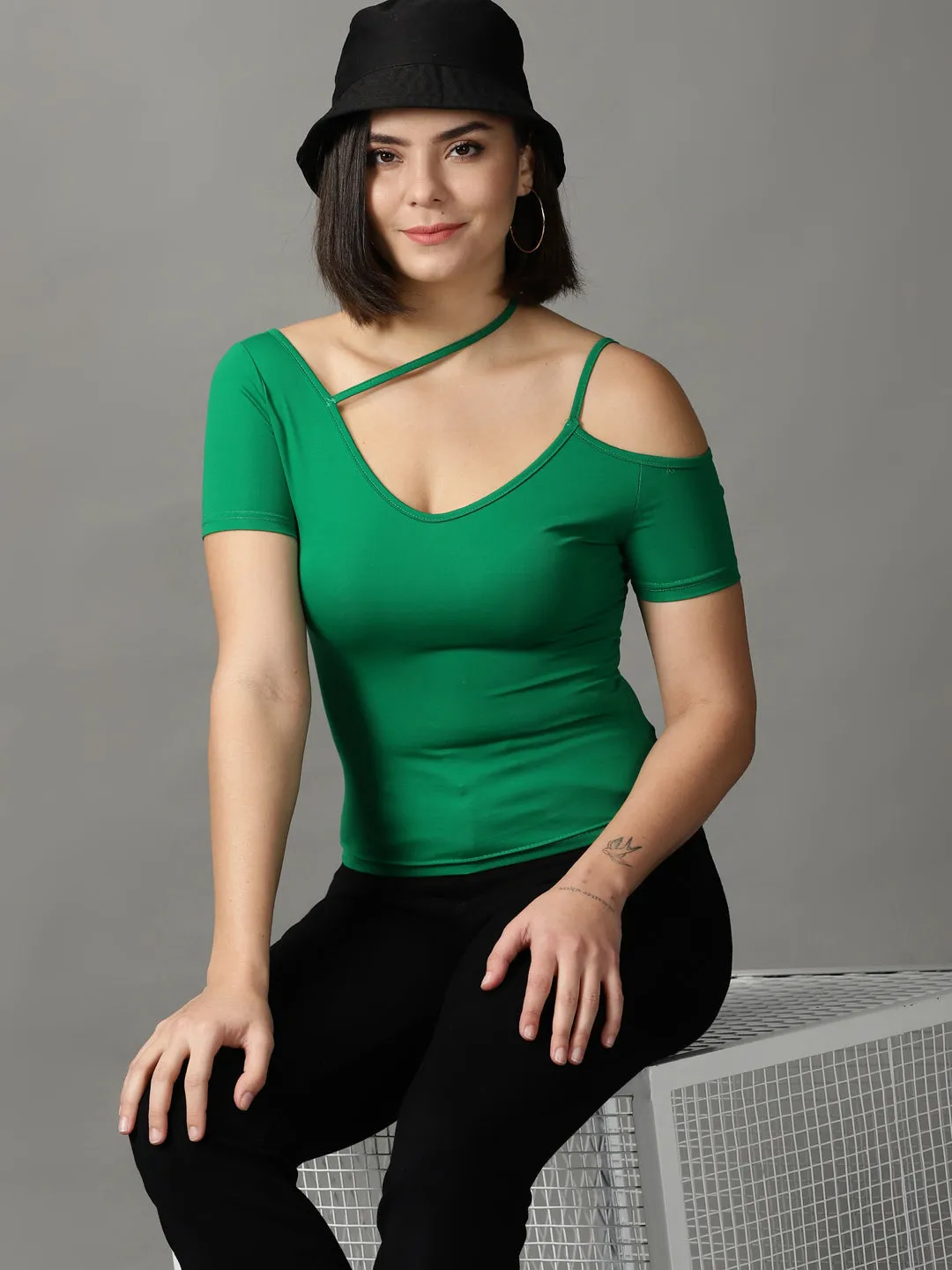 Women Green Shoulder Straps Fitted Top