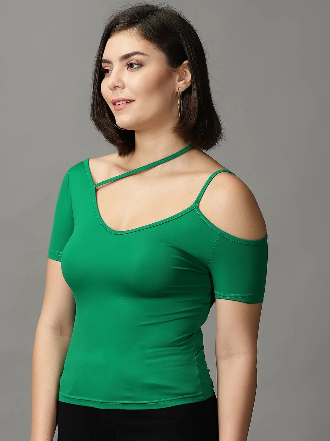 Women Green Shoulder Straps Fitted Top