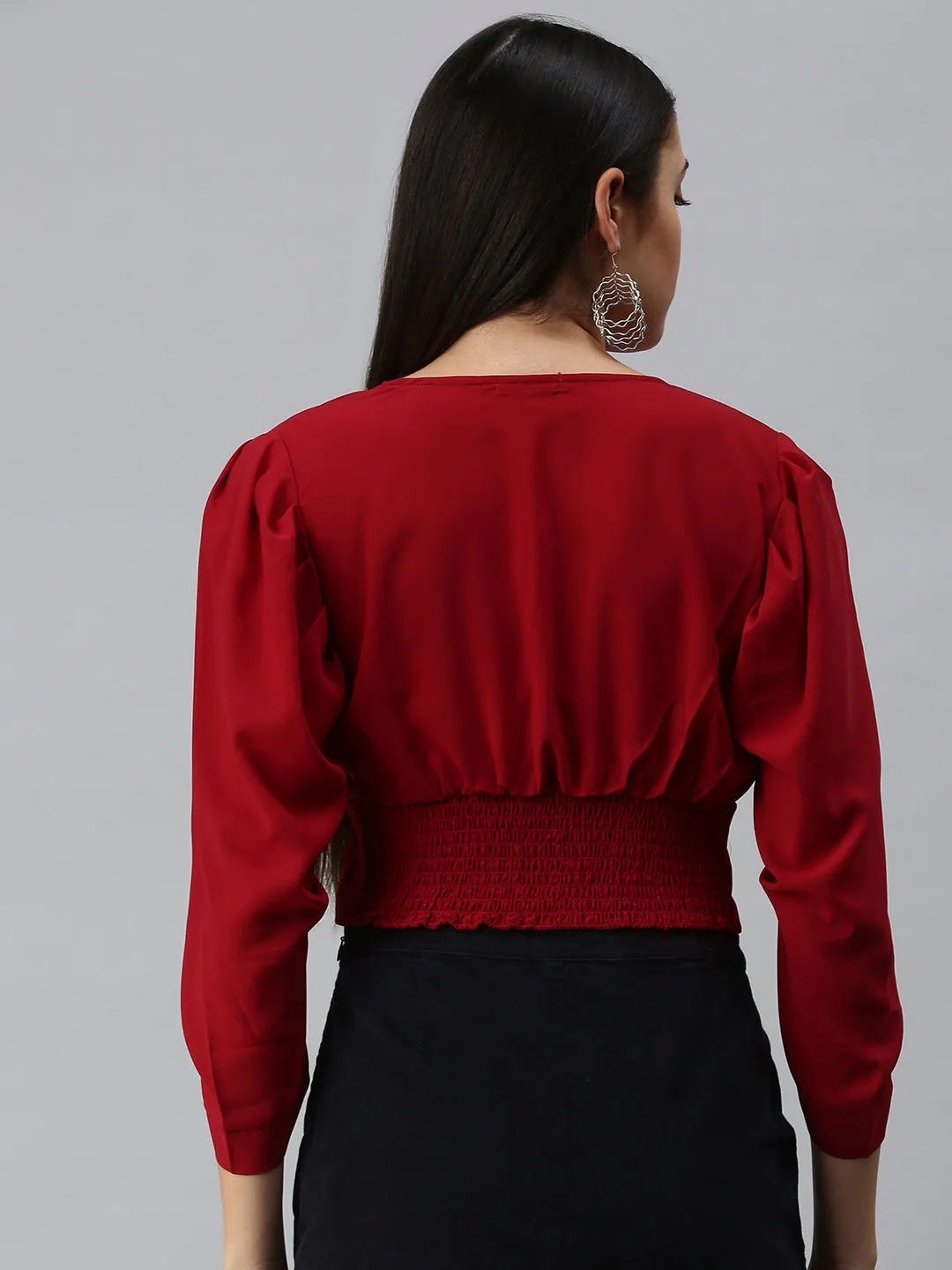 Women Maroon Sweetheart Neck Crepe Top