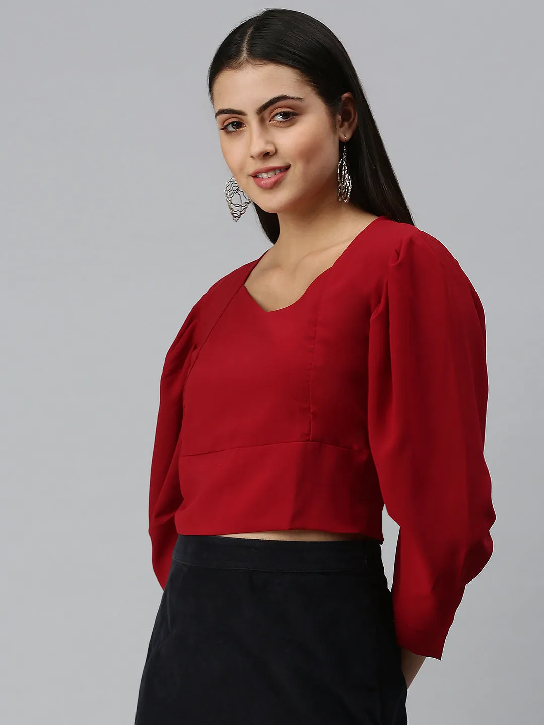 Women Maroon Sweetheart Neck Crepe Top