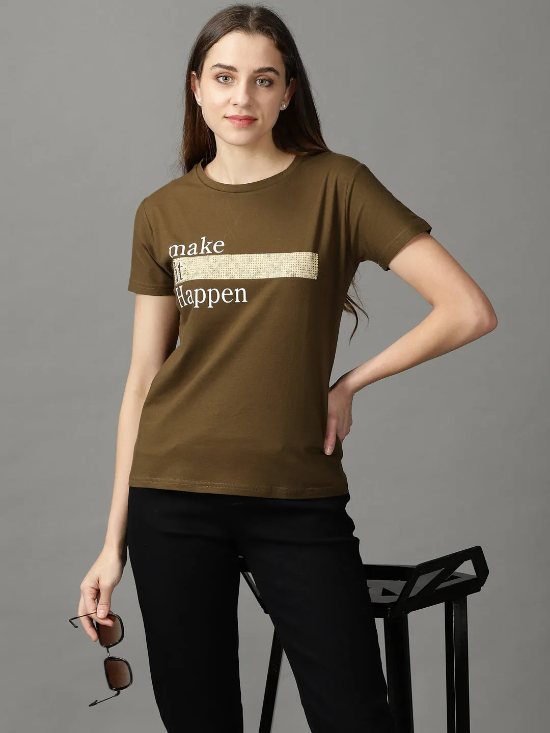 Women Olive Typography Print Acrylic Top