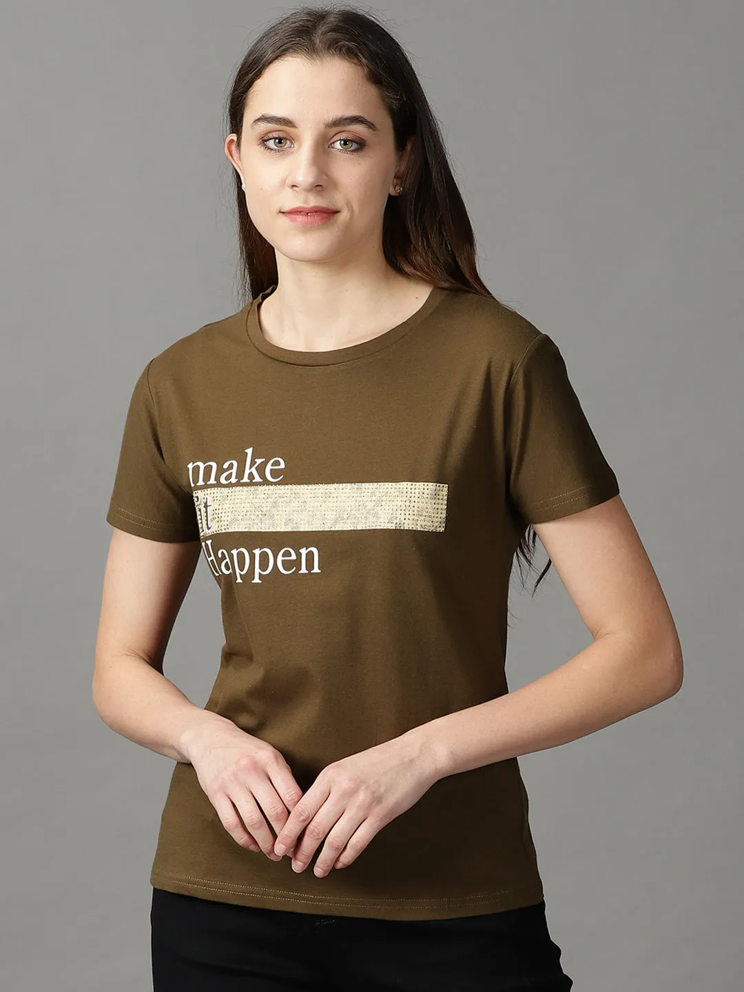 Women Olive Typography Print Acrylic Top