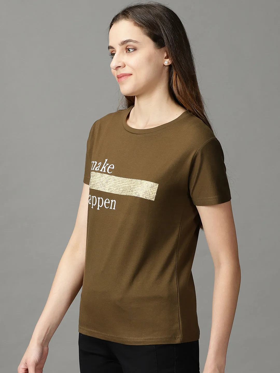 Women Olive Typography Print Acrylic Top