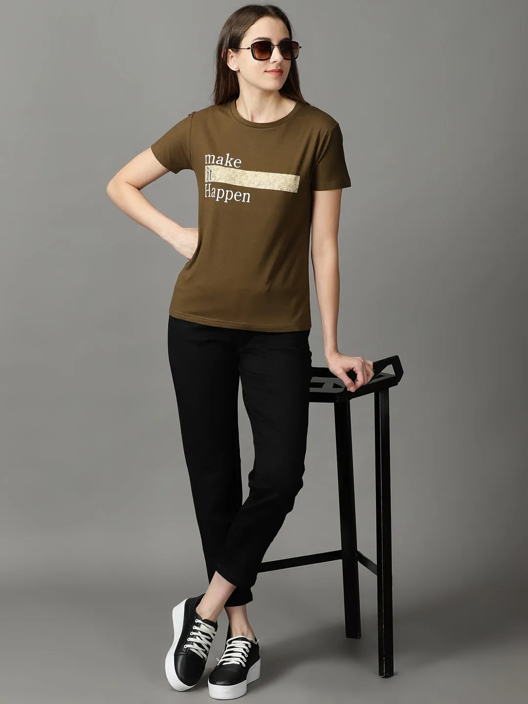 Women Olive Typography Print Acrylic Top