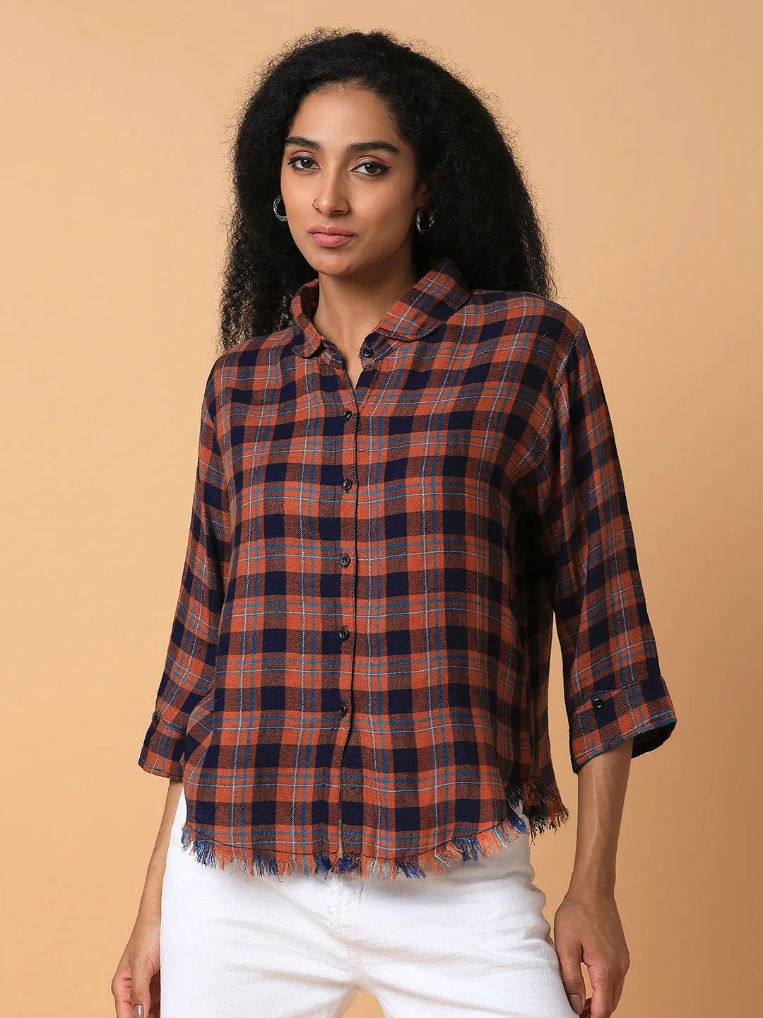 Women Rust Comfort Spread Collar Tartan Checks Checked Cotton Slim Fit Casual Shirt