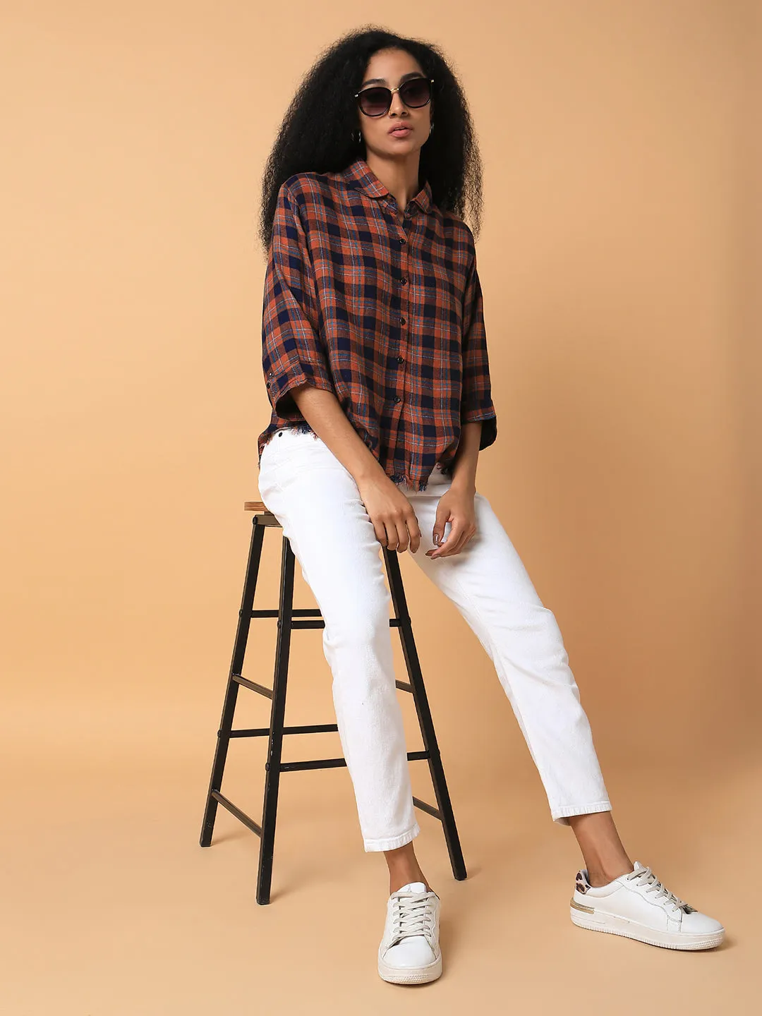 Women Rust Comfort Spread Collar Tartan Checks Checked Cotton Slim Fit Casual Shirt