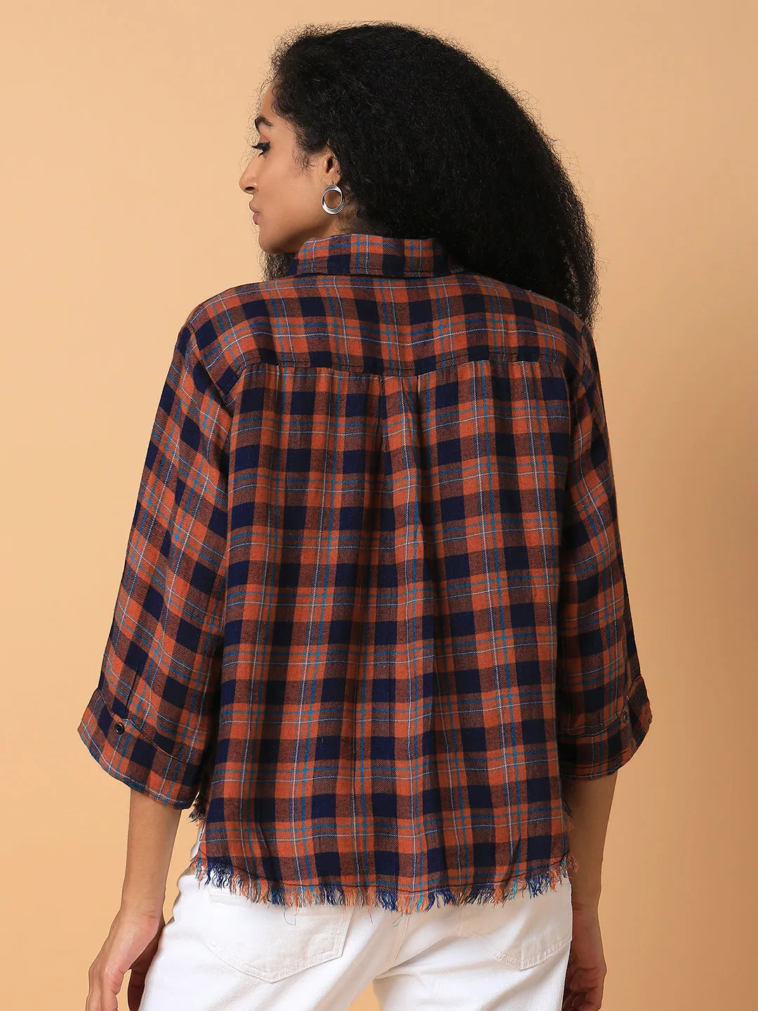 Women Rust Comfort Spread Collar Tartan Checks Checked Cotton Slim Fit Casual Shirt
