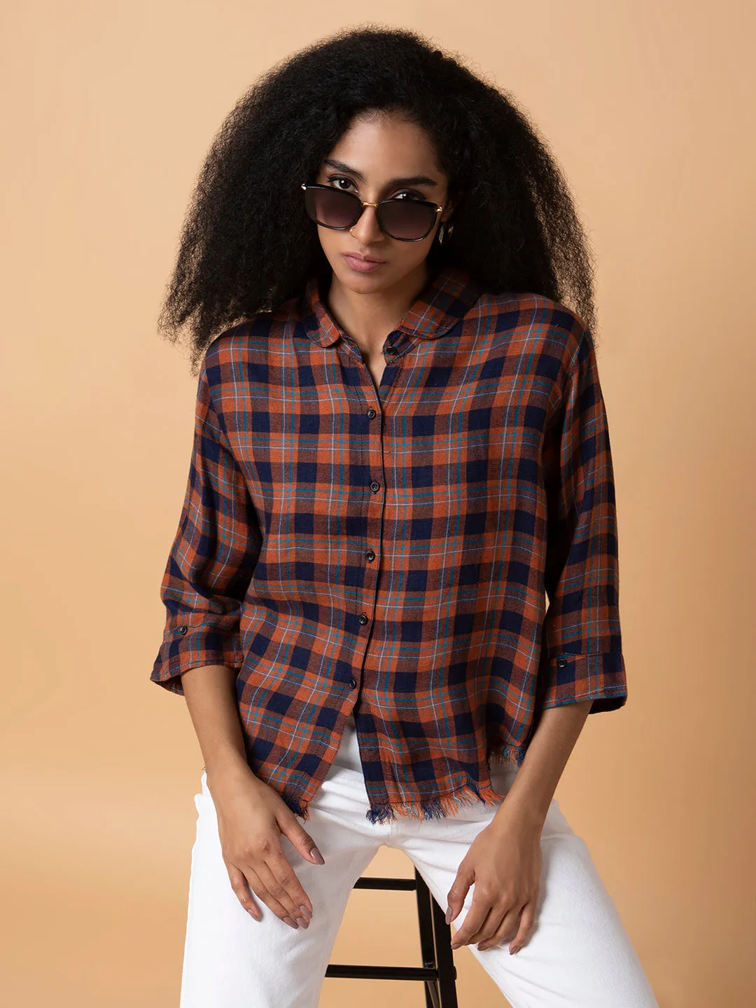 Women Rust Comfort Spread Collar Tartan Checks Checked Cotton Slim Fit Casual Shirt