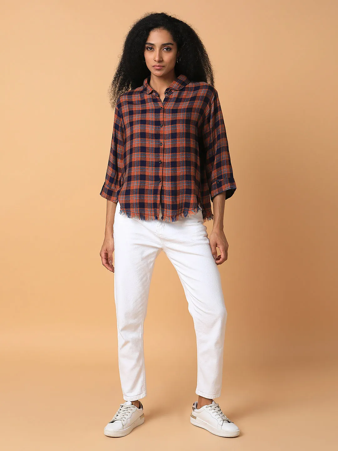 Women Rust Comfort Spread Collar Tartan Checks Checked Cotton Slim Fit Casual Shirt