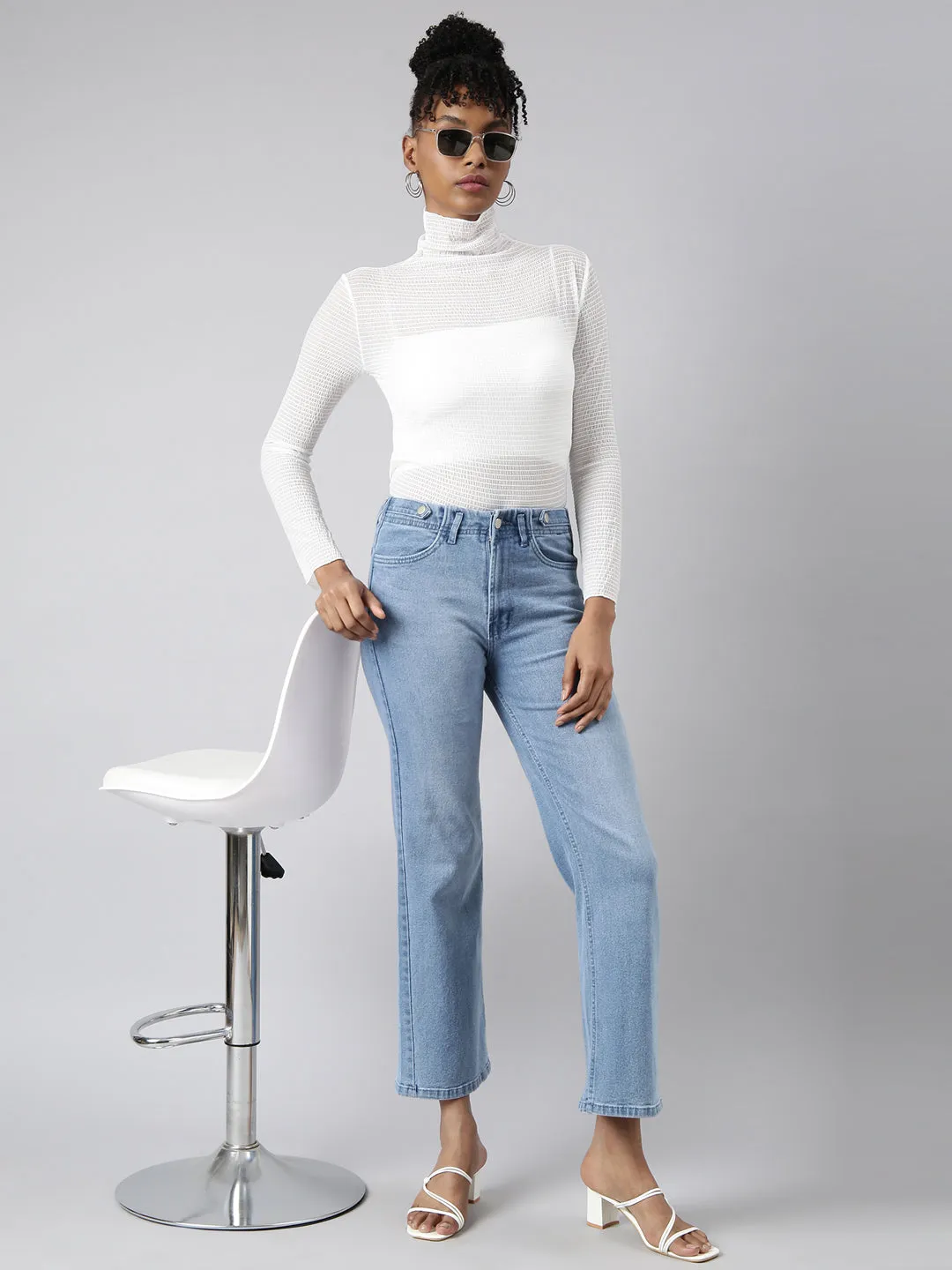 Women White High Neck Fitted Top