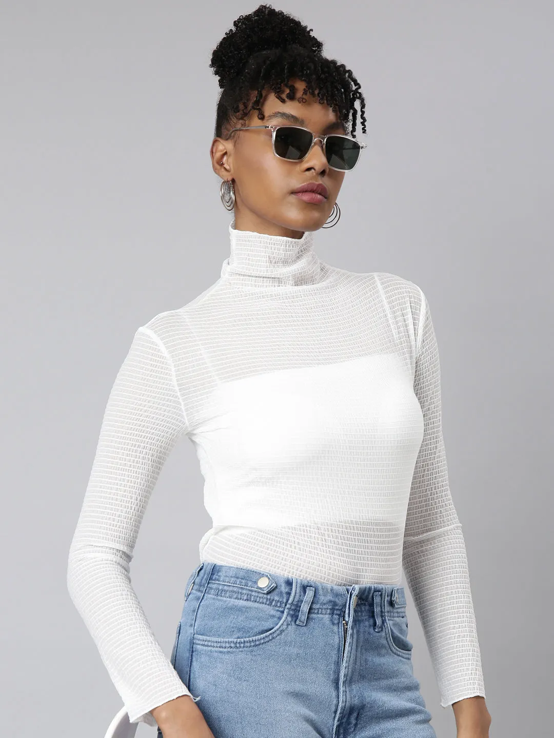 Women White High Neck Fitted Top